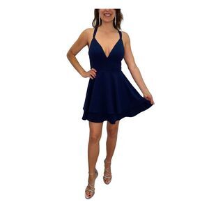 EMERALD SUNDAE Womens Navy Lace Back V Neck Short Cocktail Fit + Flare Dress 5